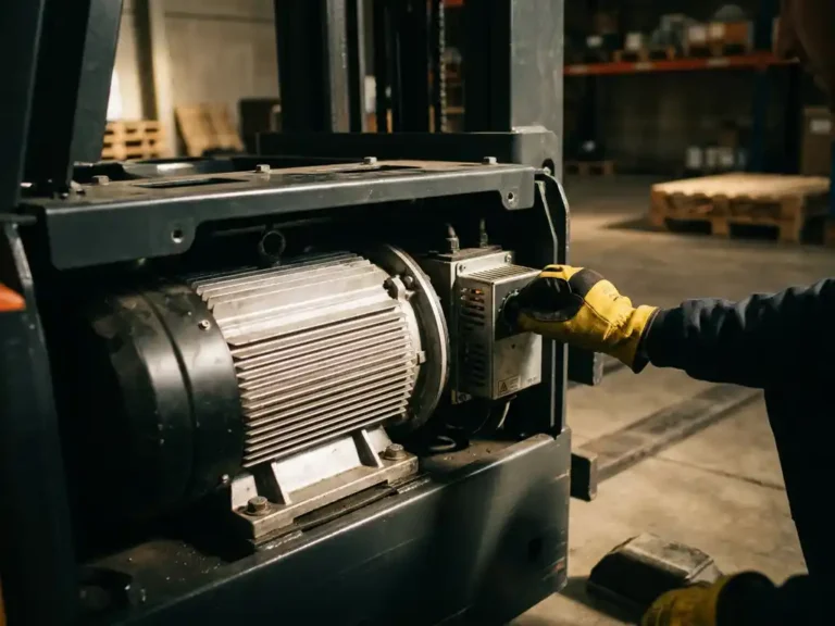 Technician adjusting a motor controller on a heavy-duty electric forklift motor in an industrial warehouse.