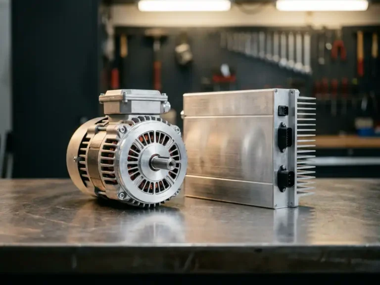Precision-machined electric motor with copper windings beside an aluminum inverter controller on a steel workshop surface.