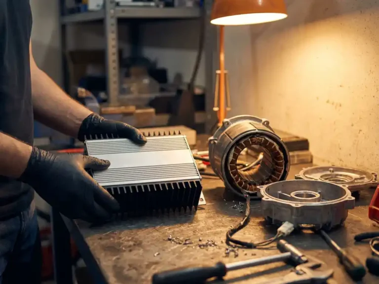 Engineer inspecting a precision motor controller beside a disassembled EV drivetrain, copper windings and aluminum heat sink fins visible on a metal workbench.