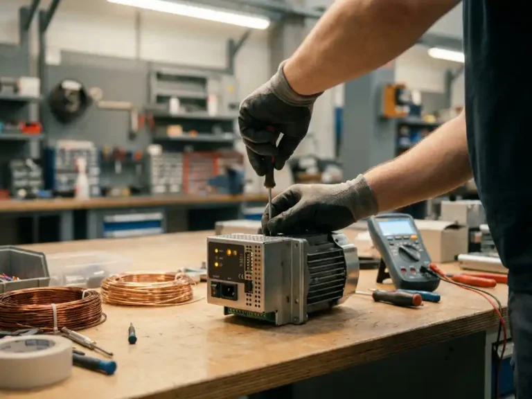 Technician calibrating a compact motor controller unit on a workshop bench with copper wiring and a digital multimeter nearby.